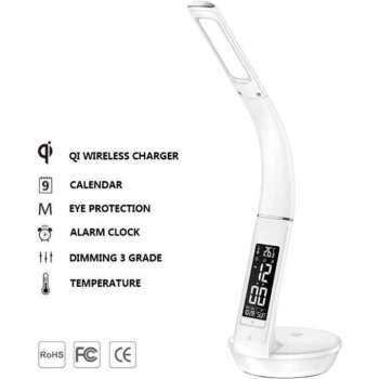 MENIY® - LED Bureaulamp - Digitale wekker - Draadloos oplader - Vochtmeter - Temperatuurmeter - Multifunctioneel - Wit