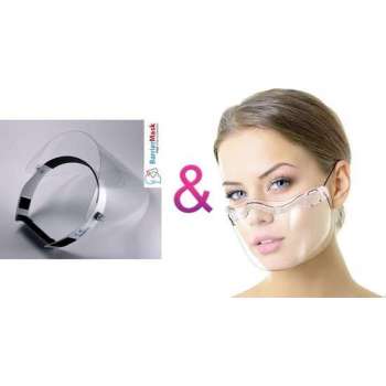 Gelaatsscherm + Mondkapje  – Spatmasker - Gelaatsmasker - Beschermkap gezicht - Face shield – Mondmasker.