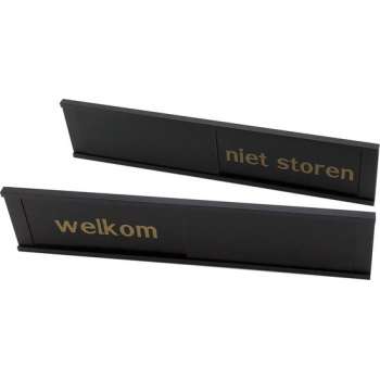 Schuifbordje Welkom - Niet Storen Black Gold - 255 mm x 57 mm - Bevestiging twee 3M dubbelzijdige stickers - Promessa-Design.
