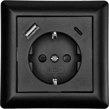 Inbouw contactdoos zwart met 1x USB-A & 1x USB-C