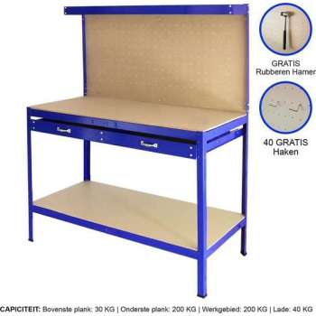 Q-rax Werkbank met achterwand + lade - Blauw - 120x60x155 cm - Inclusief 40 haken - werktafel workmate